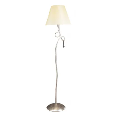 Paola Floor Lamp 1 Light E27, Silver Painted With Cream Shade & Black Glass Droplets