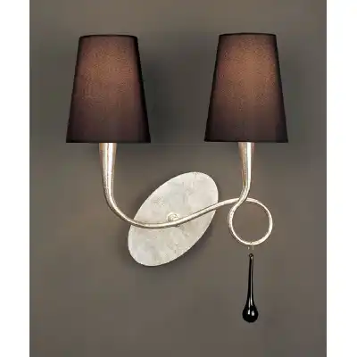 Paola Wall Lamp Switched 2 Light E14, Silver Painted With Black Shades And Black Glass Droplets