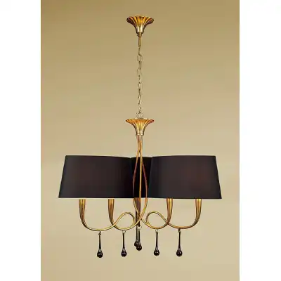 Paola Pendant 3 Arm 6 Light E14, Gold Painted With Black Shades And Amber Glass Droplets