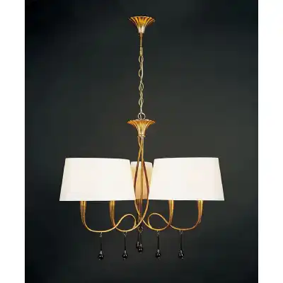 Paola Pendant 3 Arm 6 Light E14, Gold Painted With Cream Shades And Amber Glass Droplets