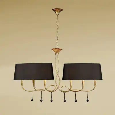 Paola Linear Pendant 2 Arm 6 Light E14, Gold Painted With Black Shades And Amber Glass Droplets