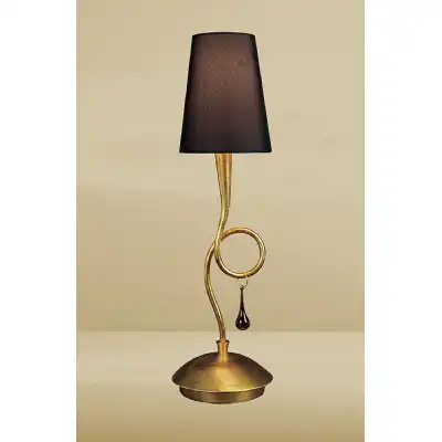 Paola Table Lamp 1 Light E14, Gold Painted With Black Shade And Amber Glass Droplets