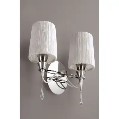 Lucca Wall Lamp Switched 2 Light E27, Polished Chrome With White Shades And Clear Crystal