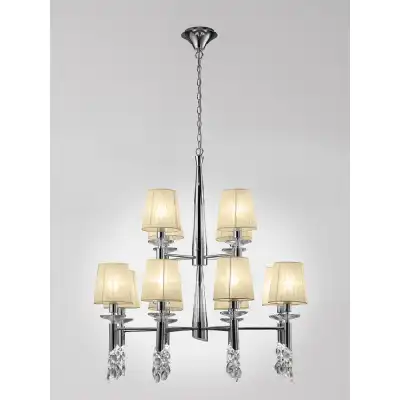 Tiffany Pendant 2 Tier 12+12 Light E14+G9, Polished Chrome With Cream Shades And Clear Crystal