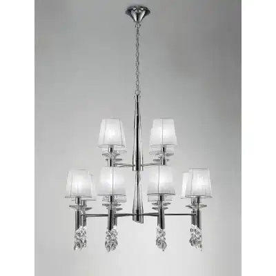 Tiffany Pendant 2 Tier 12+12 Light E14+G9, Polished Chrome With White Shades And Clear Crystal