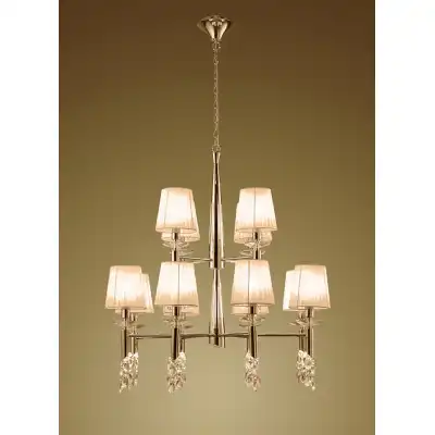 Tiffany Pendant 2 Tier 12+12 Light E14+G9, French Gold With Soft Bronze Shades And Clear Crystal