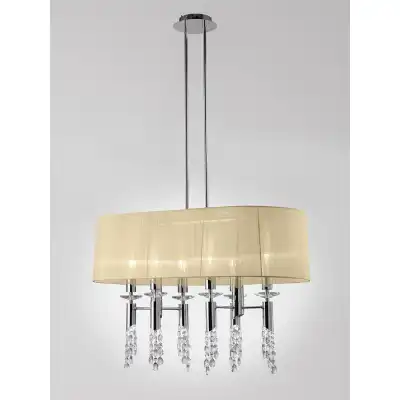 Tiffany Pendant 6+6 Light E27+G9 Oval, Polished Chrome With Cream Shade And Clear Crystal