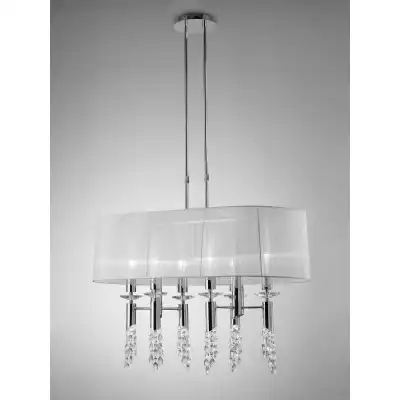 Tiffany Pendant 6+6 Light E27+G9 Oval, Polished Chrome With White Shade And Clear Crystal