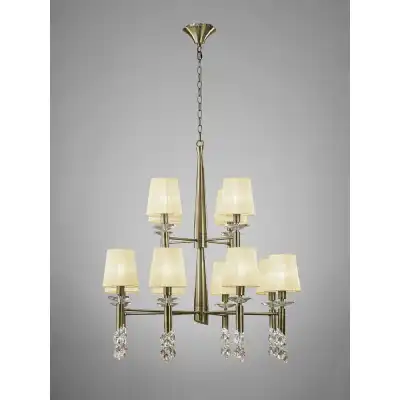 Tiffany Pendant 2 Tier 12+12 Light E14+G9, Antique Brass With Cream Shades And Clear Crystal