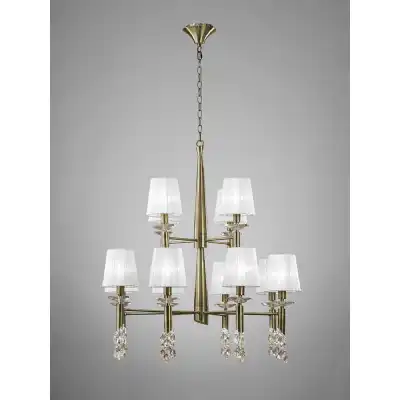 Tiffany Pendant 2 Tier 12+12 Light E14+G9, Antique Brass With White Shades And Clear Crystal