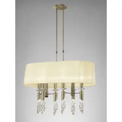 Tiffany Pendant 6+6 Light E27+G9 Oval, Antique Brass With Cream Shade And Clear Crystal