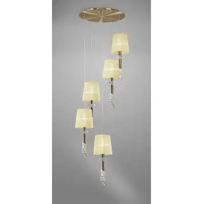 Tiffany Pendant 5+5 Light E27+G9 Spiral, Antique Brass With Cream Shades And Clear Crystal