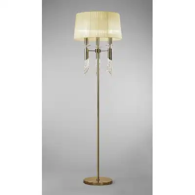 Tiffany Floor Lamp 3+3 Light E27+G9, Antique Brass With Cream Shade And Clear Crystal