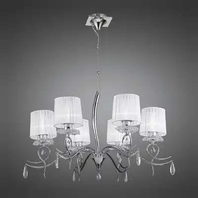 Louise Pendant 6 Light E27 With White Shades Polished Chrome Clear Crystal