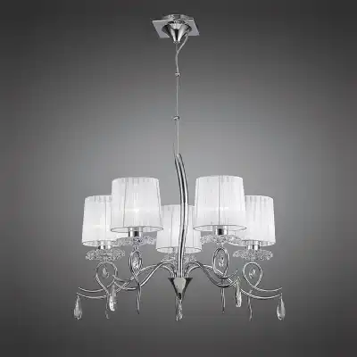 Louise Pendant 5 Light E27 With White Shades Polished Chrome Clear Crystal