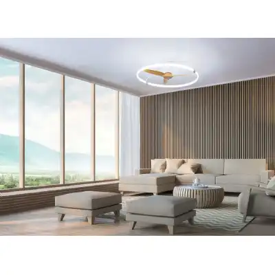 Nepal 75W LED Dimmable Ceiling Light With Built In 35W DC Reversible Fan, White Wood Finish c w Remote, APP And Alexa Google Voice Control, 7200lm
