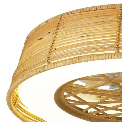 Indonesia Mini 55W LED Dimmable Ceiling Light With Built In 25W DC Reversible Fan, Beige Rattan, 3800lm, 5yrs Warranty