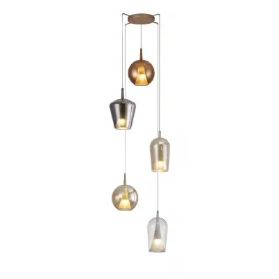 Elsa Pendant With Mixed Shades, 5 Light E27, Clear Chrome Bronze Copper Glass With Frosted Inner Cone, Gold Frame