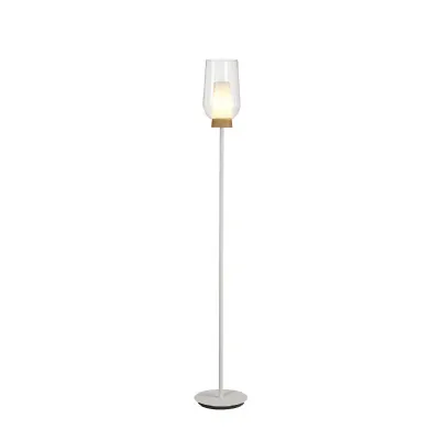 Nora Floor Lamp, 1 Light E27, White Wood Clear Glass With Frosted Inner