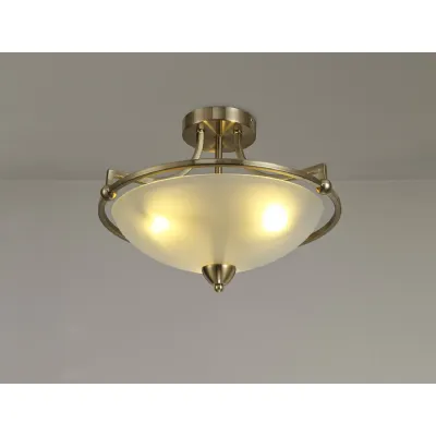 Henfield Semi Flush Ceiling, 3 Light E27, Antique Brass Frosted Glass