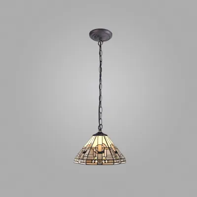 Knebworth 1 Light Downlighter Pendant E27 With 30cm Tiffany Shade, White Grey Black Clear Crystal Aged Antique Brass