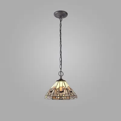 Knebworth 2 Light Downlighter Pendant E27 With 30cm Tiffany Shade, White Grey Black Clear Crystal Aged Antique Brass