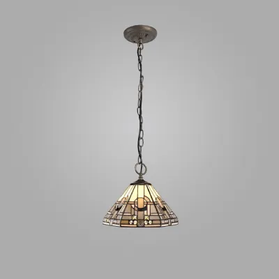 Knebworth 3 Light Downlighter Pendant E27 With 30cm Tiffany Shade, White Grey Black Clear Crystal Aged Antique Brass