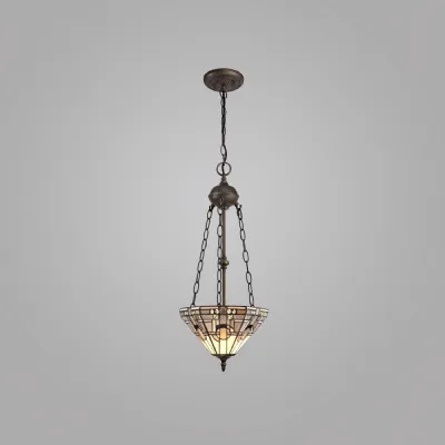 Knebworth 2 Light Uplighter Pendant E27 With 30cm Tiffany Shade, White Grey Black Clear Crystal Aged Antique Brass