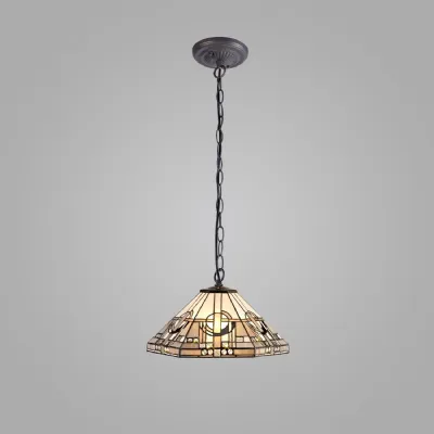 Knebworth 1 Light Downlighter Pendant E27 With 40cm Tiffany Shade, White Grey Black Clear Crystal Aged Antique Brass