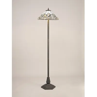 Knebworth 2 Light Octagonal Floor Lamp E27 With 40cm Tiffany Shade, White Grey Black Clear Crystal Aged Antique Brass