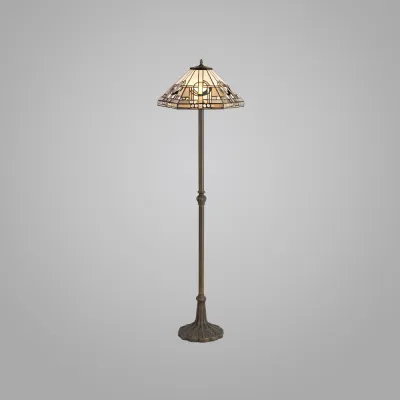 Knebworth 2 Light Leaf Design Floor Lamp E27 With 40cm Tiffany Shade, White Grey Black Clear Crystal Aged Antique Brass