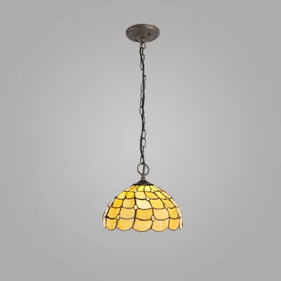 Stratford 3 Light Downlighter Pendant E27 With 30cm Tiffany Shade, Beige Clear Crystal Aged Antique Brass