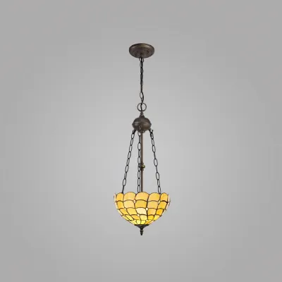 Stratford 2 Light Uplighter Pendant E27 With 30cm Tiffany Shade, Beige Clear Crystal Aged Antique Brass