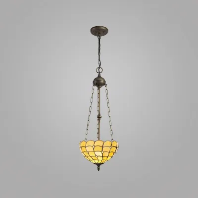 Stratford 3 Light Uplighter Pendant E27 With 30cm Tiffany Shade, Beige Clear Crystal Aged Antique Brass