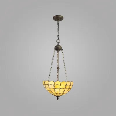 Stratford 3 Light Uplighter Pendant E27 With 40cm Tiffany Shade, Beige Clear Crystal Aged Antique Brass