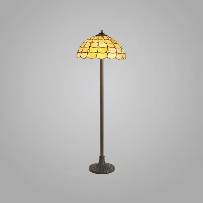 Stratford 2 Light Stepped Design Floor Lamp E27 With 40cm Tiffany Shade, Beige Clear Crystal Aged Antique Brass