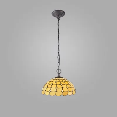 Stratford 2 Light Downlighter Pendant E27 With 50cm Tiffany Shade, Beige Clear Crystal Aged Antique Brass
