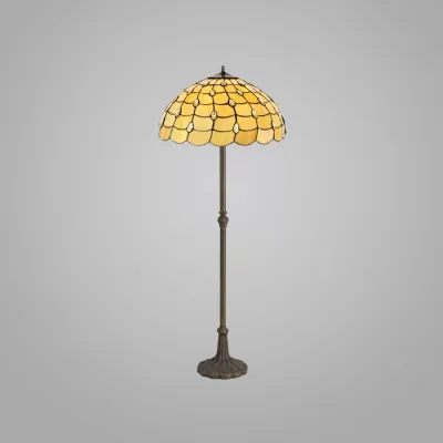 Stratford 2 Light Leaf Design Floor Lamp E27 With 50cm Tiffany Shade, Beige Clear Crystal Aged Antique Brass