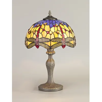 Hitchin 1 Light Curved Table Lamp E27 With 30cm Tiffany Shade, Blue Orange Crystal Aged Antique Brass