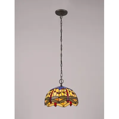 Hitchin 1 Light Downlighter Pendant E27 With 30cm Tiffany Shade, Blue Orange Crystal Aged Antique Brass