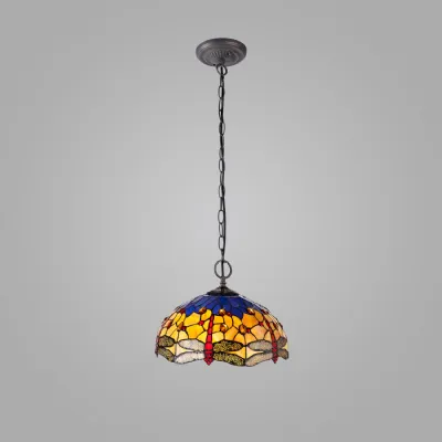 Hitchin 2 Light Downlighter Pendant E27 With 40cm Tiffany Shade, Blue Orange Crystal Aged Antique Brass