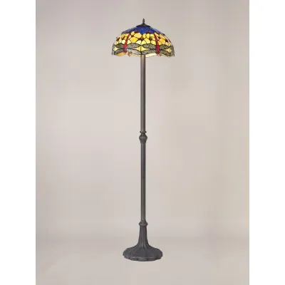 Hitchin 2 Light Leaf Design Floor Lamp E27 With 40cm Tiffany Shade, Blue Orange Crystal Aged Antique Brass