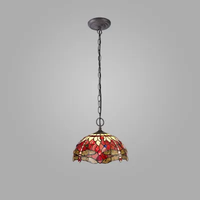 Hitchin 2 Light Downlighter Pendant E27 With 30cm Tiffany Shade, Purple Pink Crystal Aged Antique Brass
