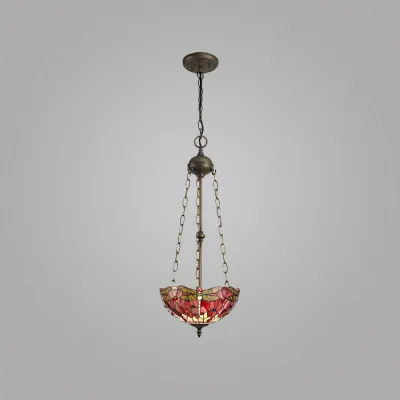 Hitchin 3 Light Uplighter Pendant E27 With 30cm Tiffany Shade, Purple Pink Crystal Aged Antique Brass