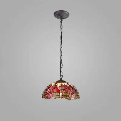 Hitchin 1 Light Downlighter Pendant E27 With 40cm Tiffany Shade, Purple Pink Crystal Aged Antique Brass