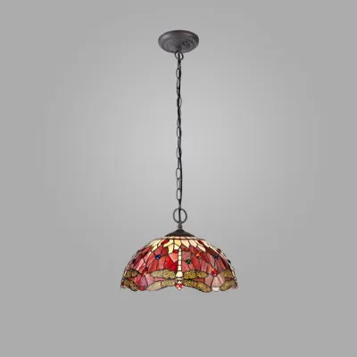 Hitchin 2 Light Downlighter Pendant E27 With 40cm Tiffany Shade, Purple Pink Crystal Aged Antique Brass