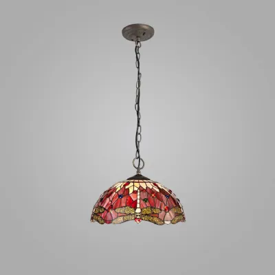 Hitchin 3 Light Downlighter Pendant E27 With 40cm Tiffany Shade, Purple Pink Crystal Aged Antique Brass