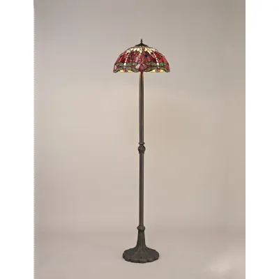 Hitchin 2 Light Leaf Design Floor Lamp E27 With 40cm Tiffany Shade, Purple Pink Crystal Aged Antique Brass