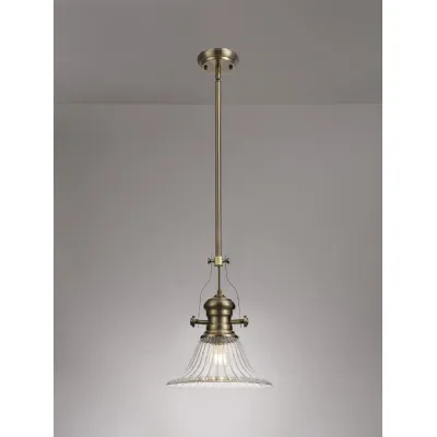 Sandy 1 Light Pendant E27 With 30cm Bell Glass Shade, Antique Brass Clear