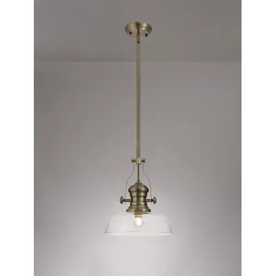 Sandy 1 Light Pendant E27 With 30cm Flat Round Glass Shade, Antique Brass Clear